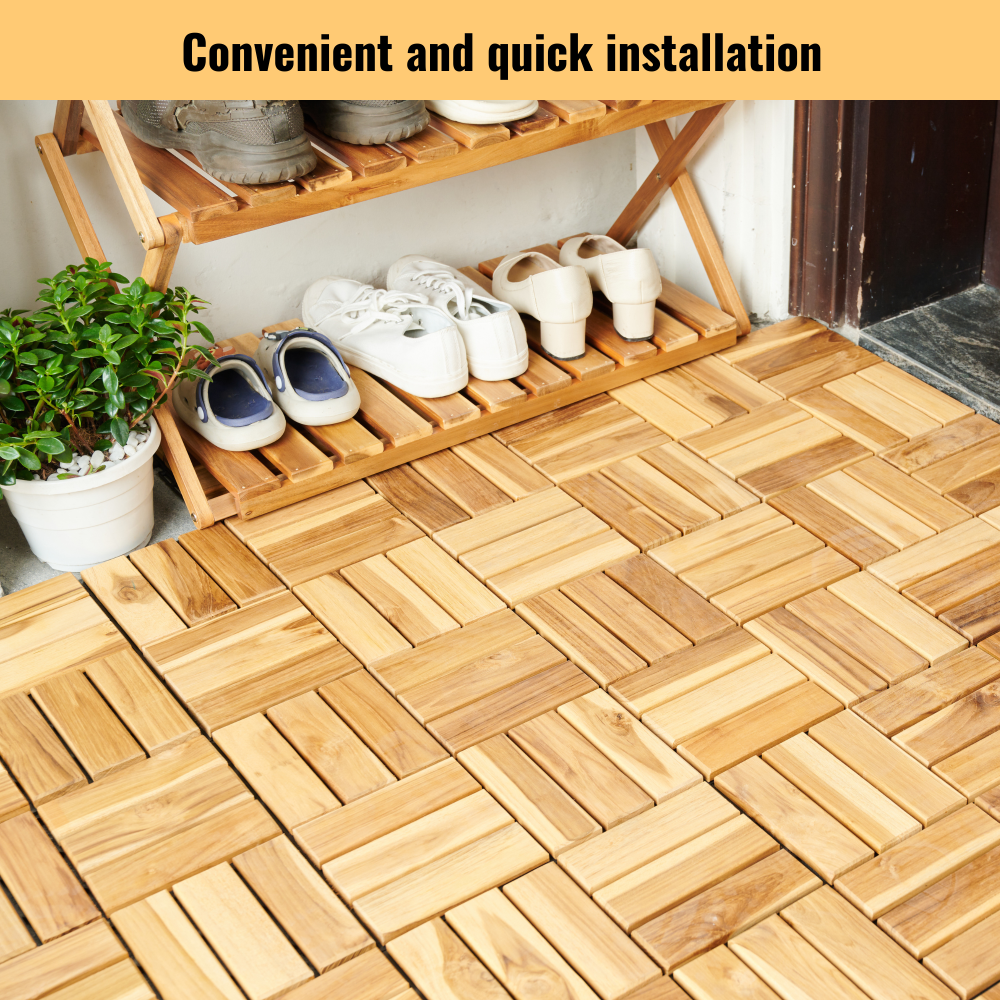 Chic Crate 10Pcs 12'' Yellow Acacia Hardwood Interlocking Deck Tiles – Checkerboard Pattern