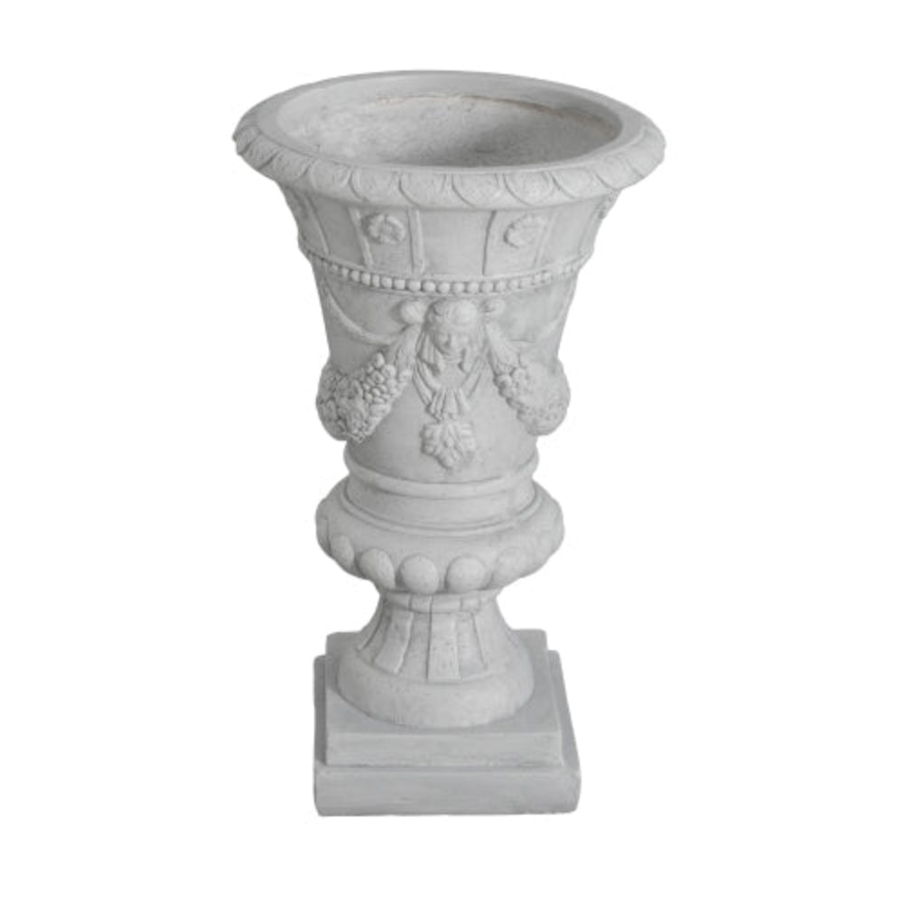 Light Grey Garden Urn Planter 14.5"Wx14.5"Dx23.75"H, Drainage Hole with Stopper, Hand-Painted Unique Design, Indoor Outdoor Use, No Assembly
