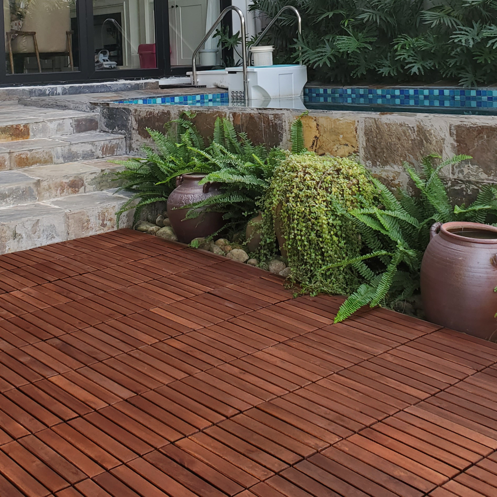 Chic Crate 10Pack 12in Striped Deck Tiles – Interlocking Brown Acacia Hardwood Flooring