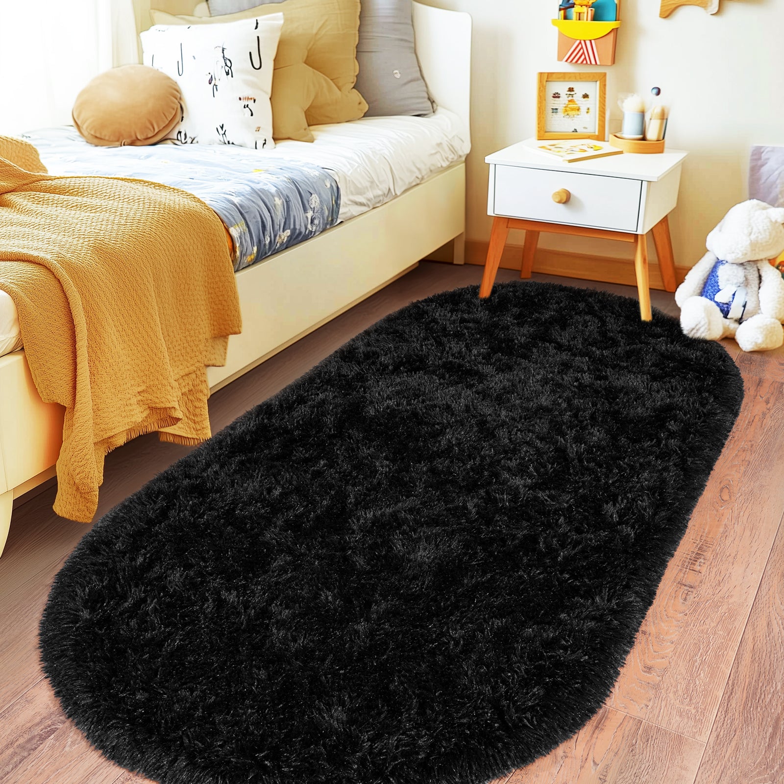 Fluffy Oval Area Rug 2.6 x 5.3 Ft, Soft Fuzzy Shag Carpet for Bedroom Bedside, Non-Slip Plush Shaggy Rug