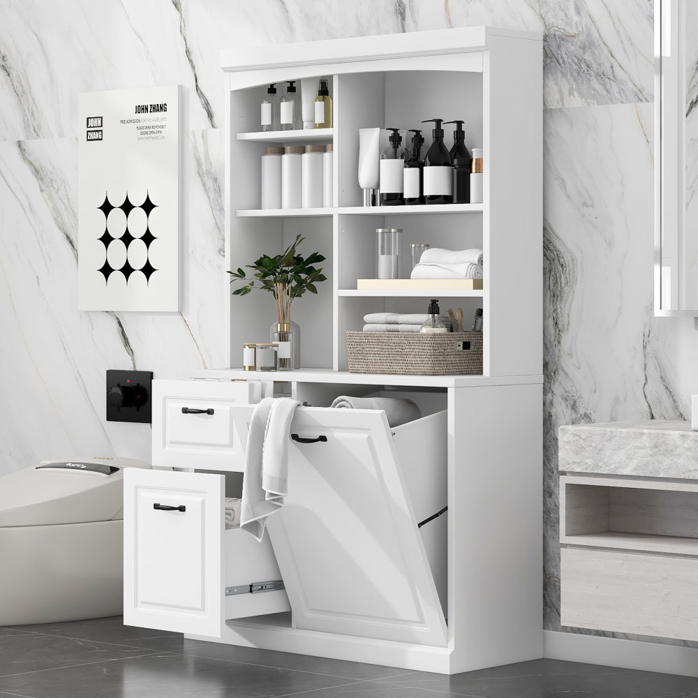 Chic Crate White Bathroom Tilt-Out Hamper Cabinet – 70.9" Tall Freestanding Organizer | Adjustable Shelves & Drawers | Steel Handles