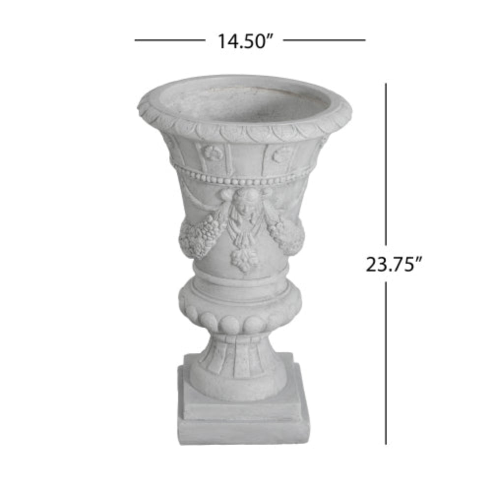 Light Grey Garden Urn Planter 14.5"Wx14.5"Dx23.75"H, Drainage Hole with Stopper, Hand-Painted Unique Design, Indoor Outdoor Use, No Assembly