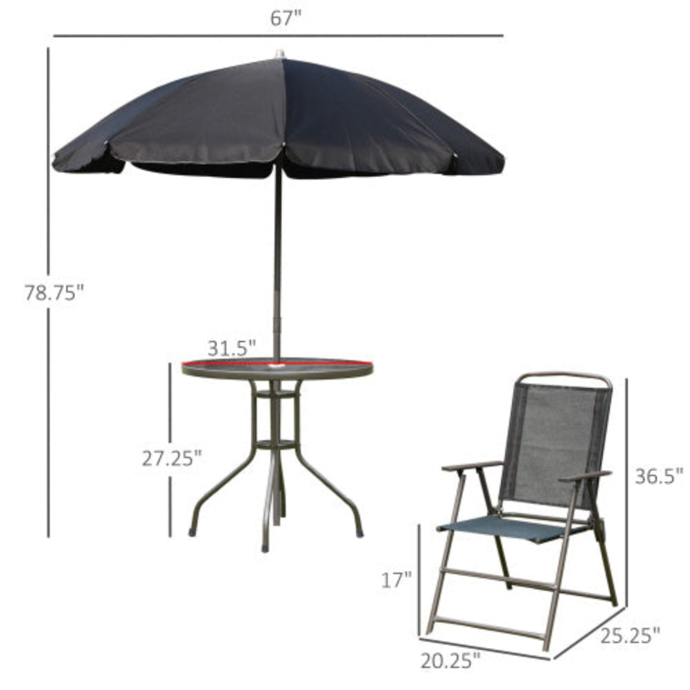 6-Piece Patio Dining Set for 4 with Umbrella, 4 Folding Chairs & Round Glass Table, Outdoor Furniture for Garden, Backyard and Poolside Black