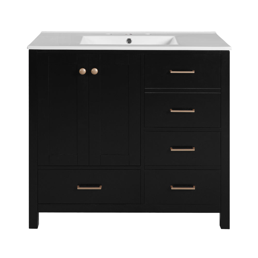 Chic Crate-36In Bathroom Vanity – Ceramic Sink w/4 Drawers & Soft-Close Doors | Solid Wood Frame | Freestanding | Black