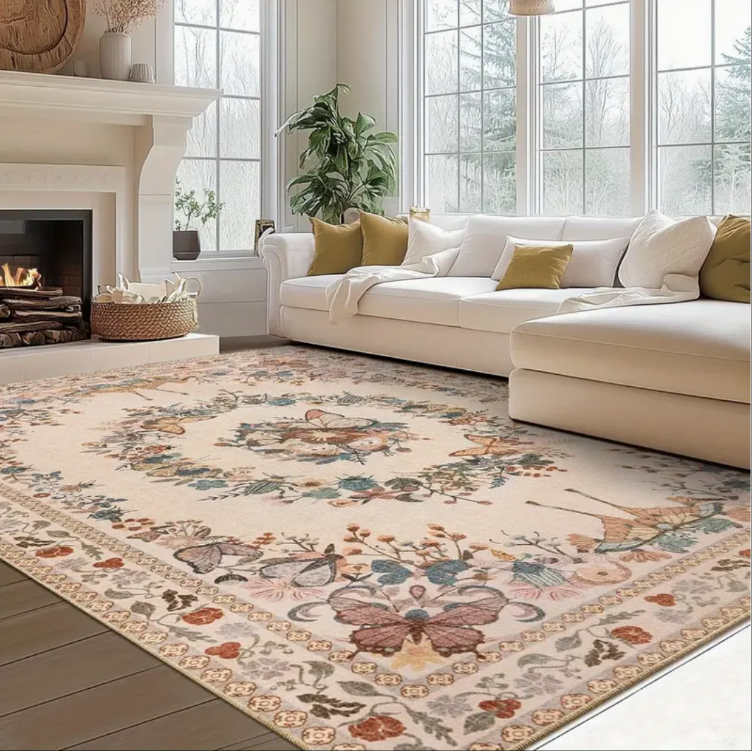 Large Beige Butterfly Floral Area Rug, Ultra-Thin Non-Slip Washable Mat for Living Room & Bedroom
