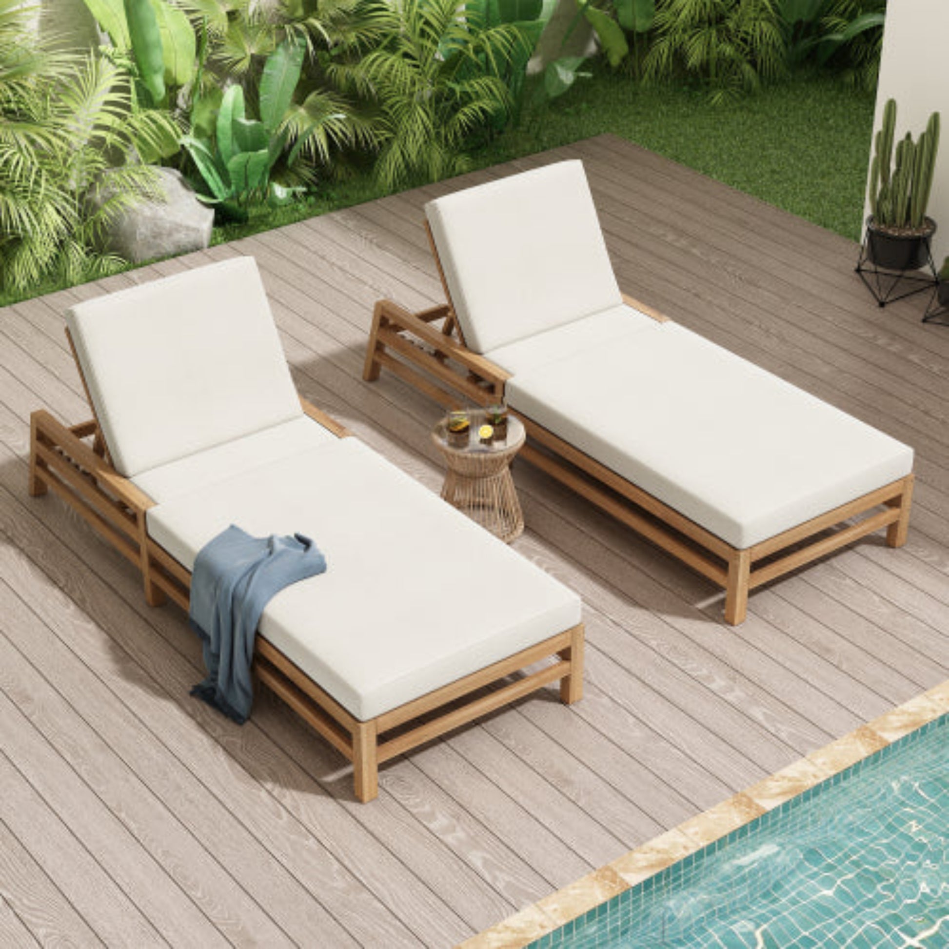 5-Position Adjustable Outdoor Chaise Lounge Solid Wood with Cushions for Pool and Balcony