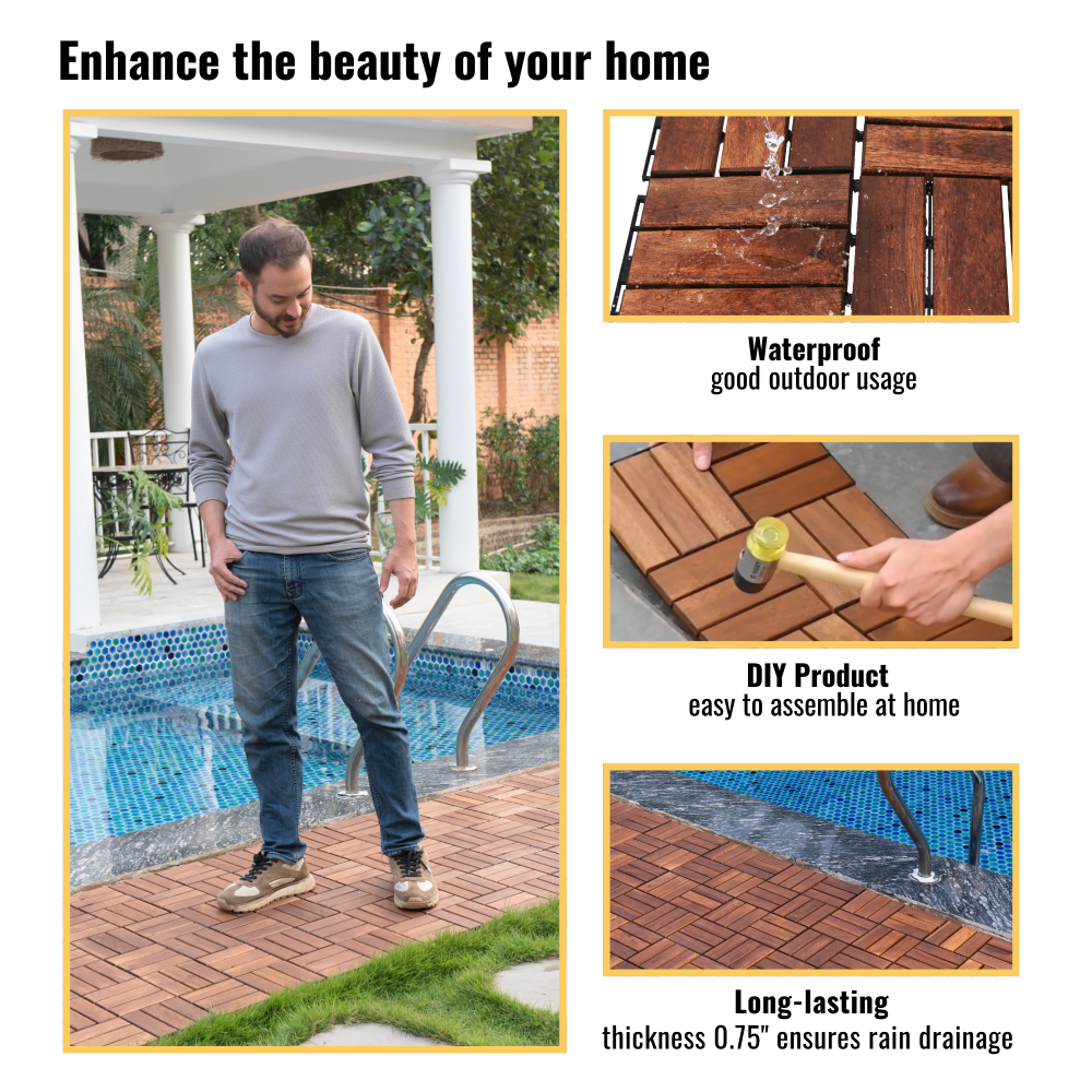 Chic Crate 10Pack 12in Checker Pattern Deck Tiles – Interlocking Brown Acacia Hardwood Flooring