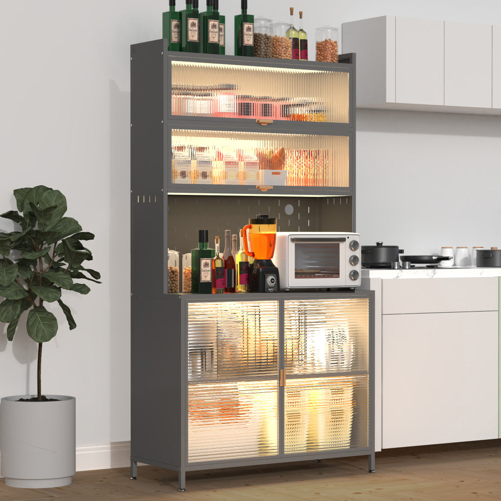 Chic Crate 73'' Tall 6-Level Flip-Door Pegboard Metal Pantry Cabinet(Grey) – Anti-Tip Hutch for Kitchen/Dining/Living Room