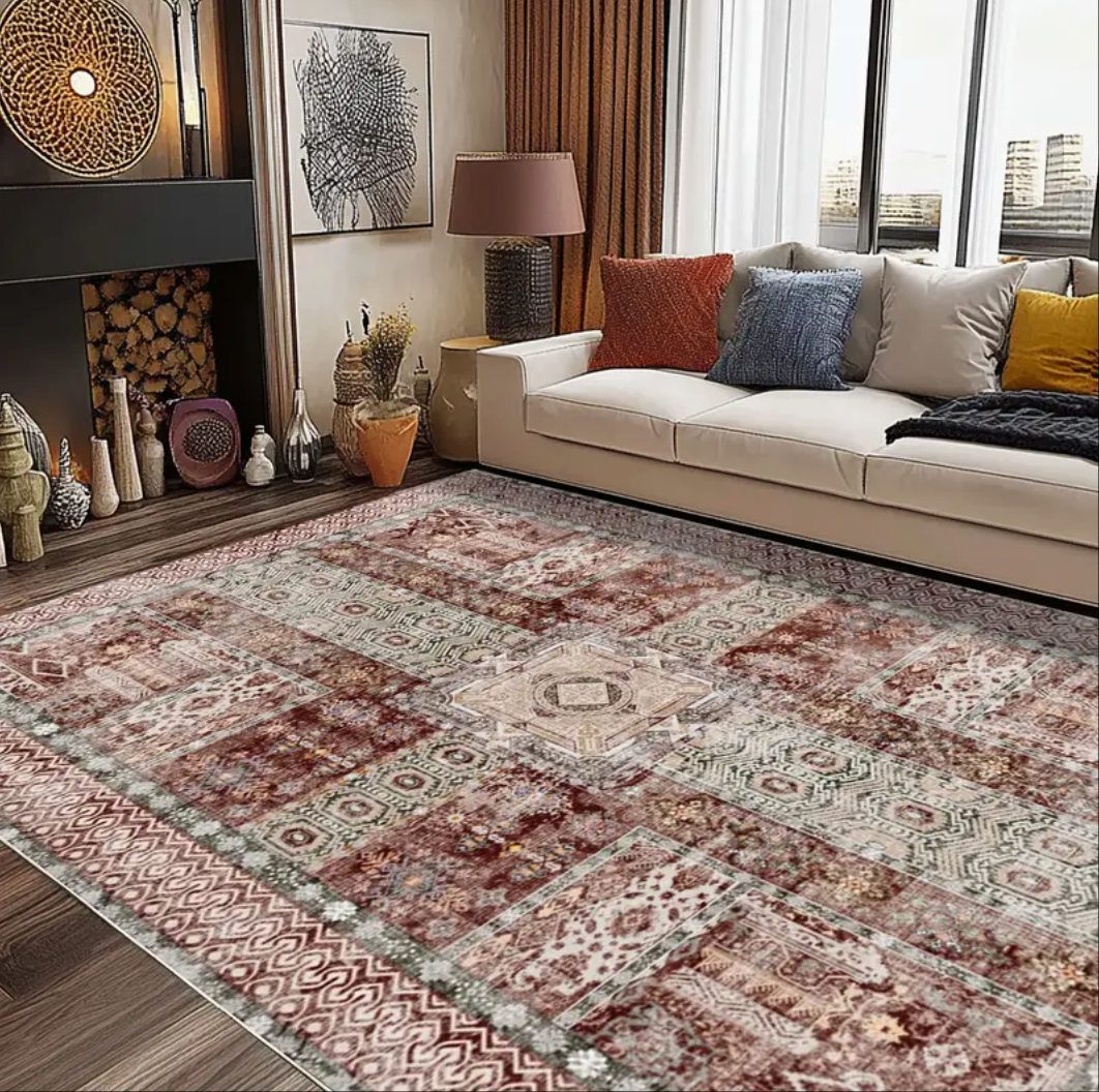Vintage Floral Washable Area Rug, Non-Slip Low Pile Polyester Carpet for Living Room & Bedroom