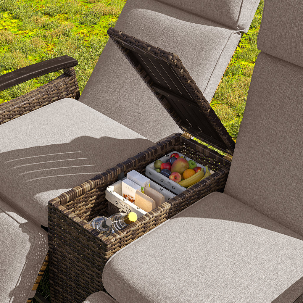 Patio Recliner Loveseat Chair, Adjustable Backrest Wicker Outdoor Lounge Chair Set with Acacia Wood Armrests and Built-in Storage Table for Balcony, Porch, Lawn, Brown