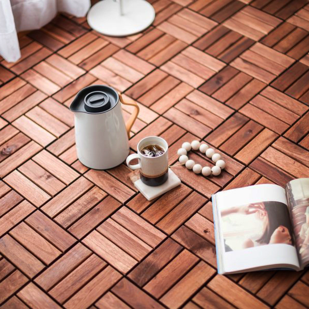 Chic Crate 10Pack 12in Checker Pattern Deck Tiles – Interlocking Brown Acacia Hardwood Flooring