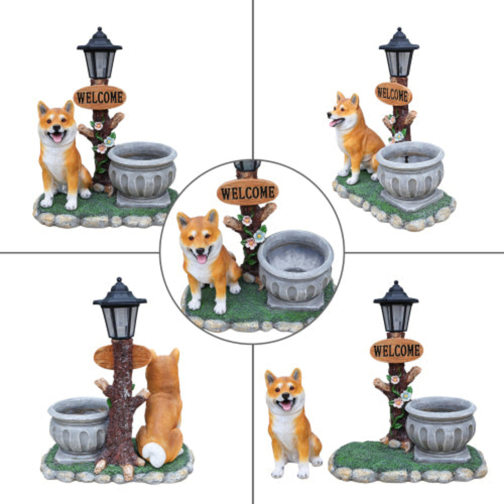 Sitting Akita Dog Shaped Planter Statue with Dignified Modeling for Potted Flowers