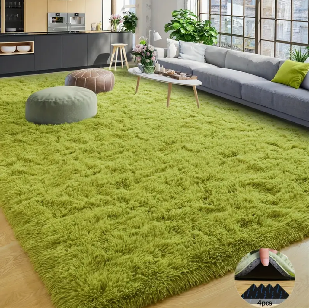 Grass Green Fluffy Shag Area Rug with Non-Slip Base & 4 Reusable Stickers, Soft Plush Mat