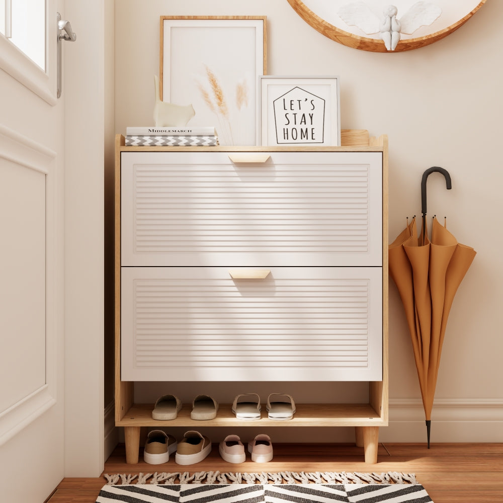 Chic Crate-31.5in Nordic Shoe Storage Cabinet – 2 Flip-Drawer Organizer | Solid Wood Legs | Entryway/Narrow | White/Solid Wood