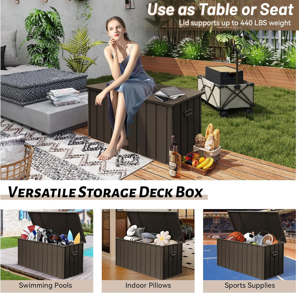 190 Gallon Patio Steel Storage Deck Box, Waterproof Lockable Bin for Cushions, Pillows & Tools