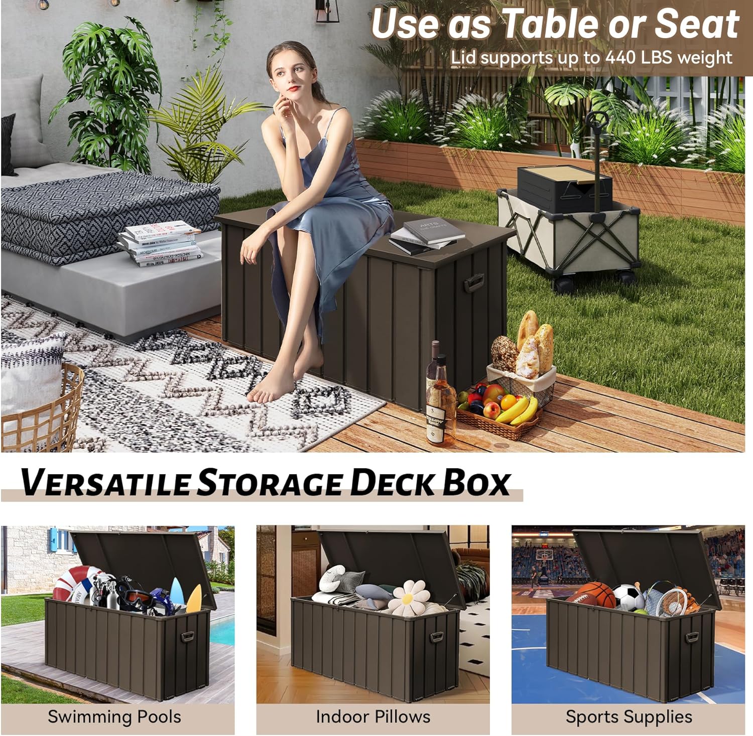 190 Gallon Patio Steel Storage Deck Box, Waterproof Lockable Bin for Cushions, Pillows & Tools