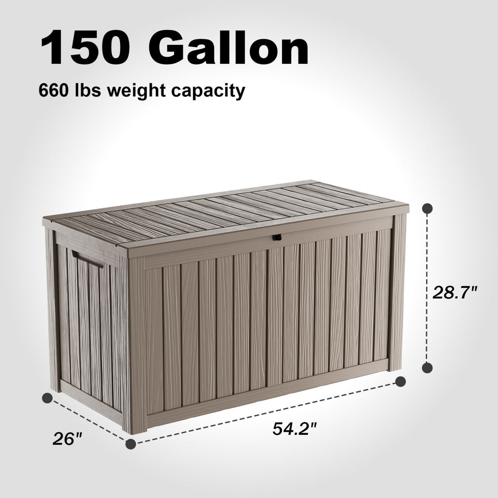 150 Gallon Resin Deck Box, Water-Resistant Lockable Outdoor Storage Box for Patio Organization