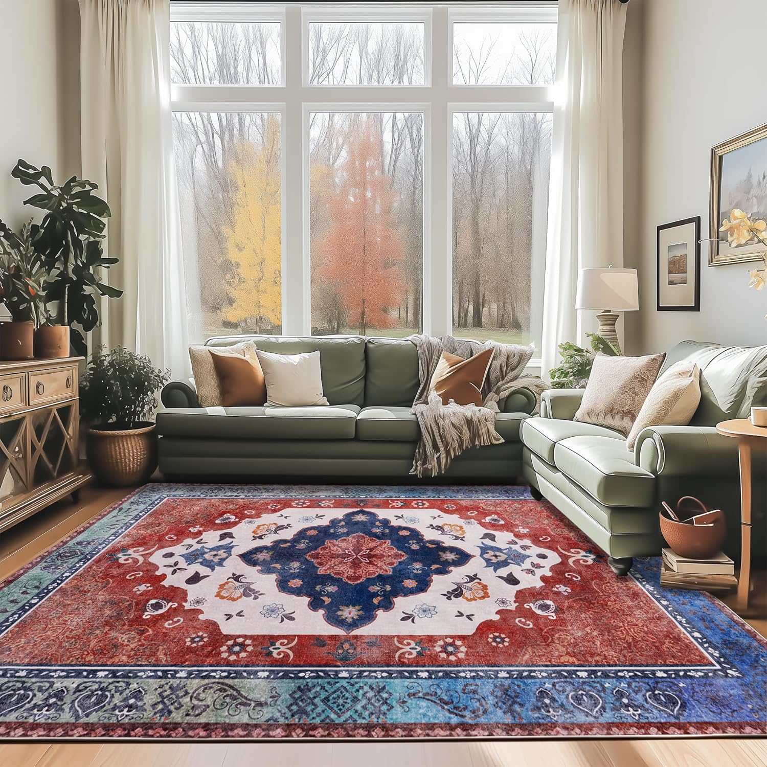 Washable Traditional Area Rug, Thin Foldable Distressed Floral Non-Slip Carpet for Bedroom Living Room Kitchen