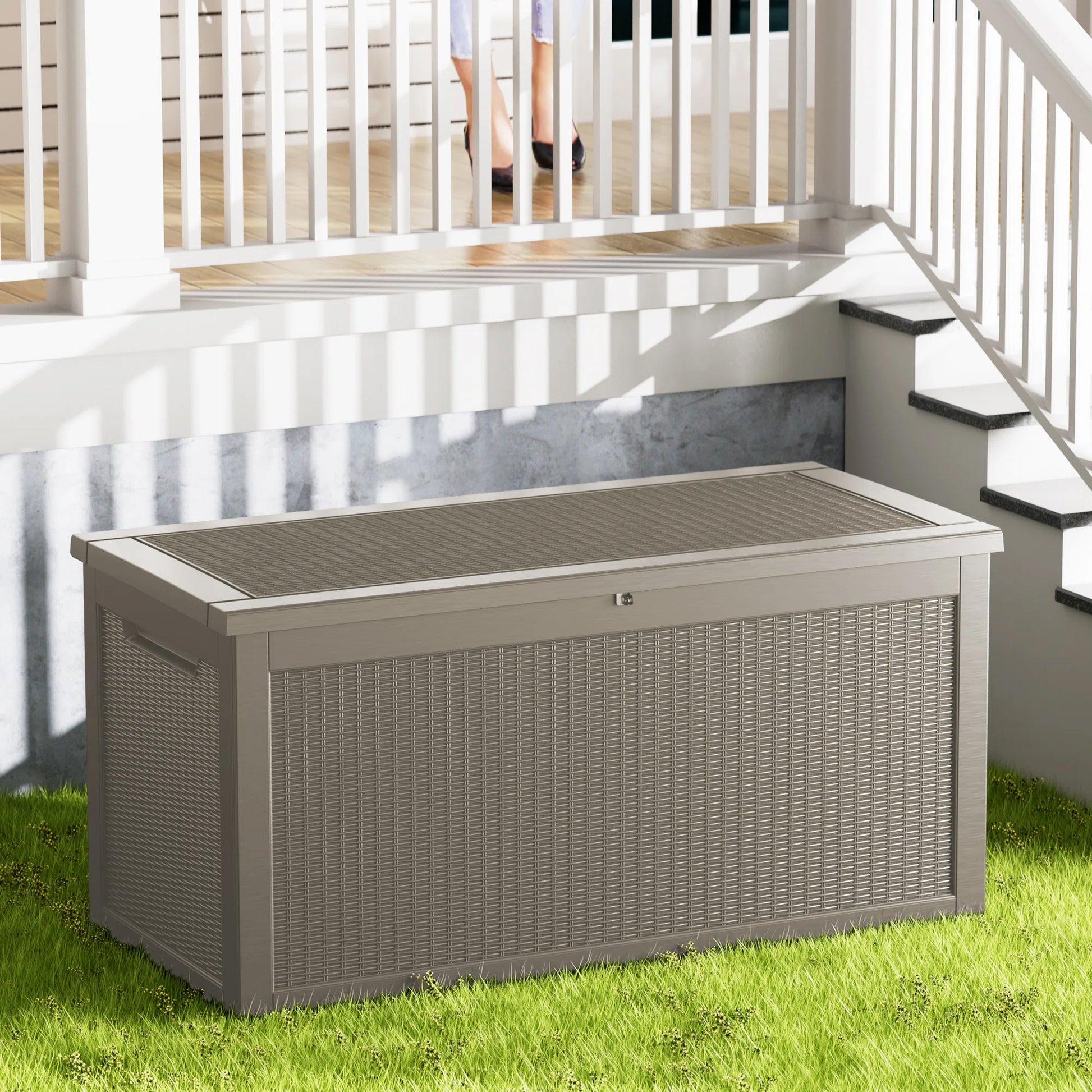 260 Gallon Resin Deck Box, Water-Resistant Lockable Outdoor Storage Box for Patio Organization