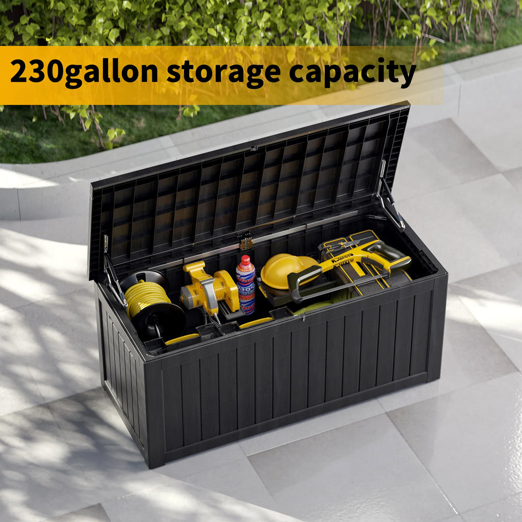 230 Gallon Resin Deck Box, Water-Resistant Lockable Outdoor Storage Box for Patio Organization