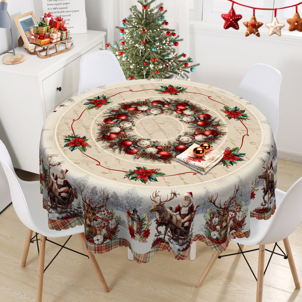 Christmas Tablecloth with Santa, elk and Wreath Designs, Dustproof Dining Table Cover for Holiday Decor