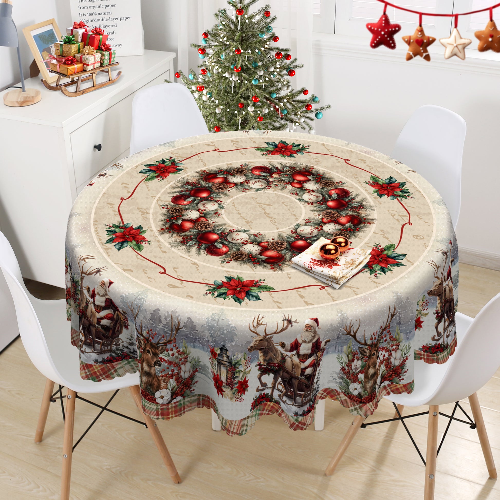 Christmas Tablecloth with Santa, elk and Wreath Designs, Dustproof Dining Table Cover for Holiday Decor