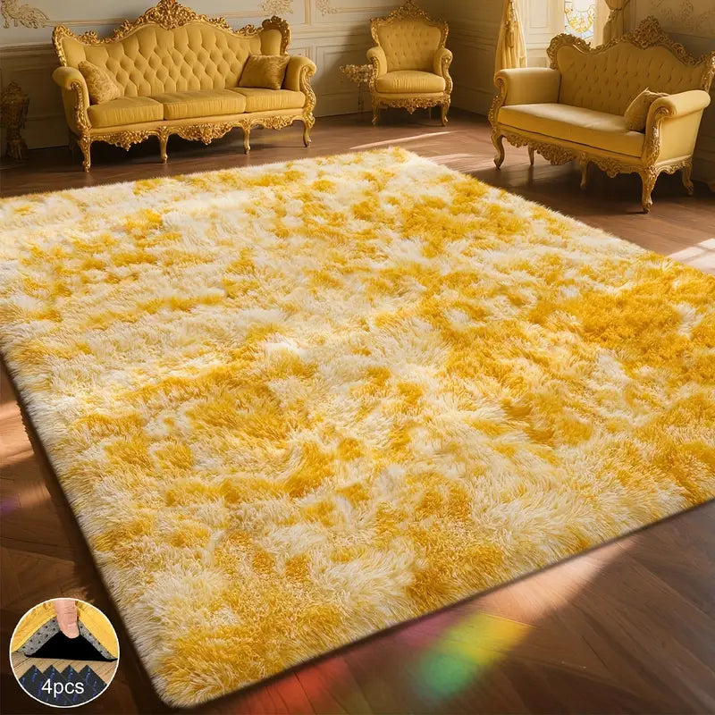 Tie-Dyed Yellow Area Rug with 4 Reusable Stickers, Soft Shaggy Non-Slip Mat for Home Decor