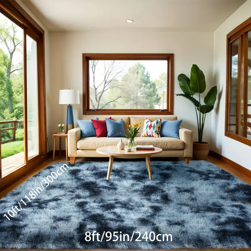 Tie-Dyed Blue Gray Shag Rug, Ultra Soft 1.7" Thick, Non-Slip Backing, 100% Polyester, Multi Sizes