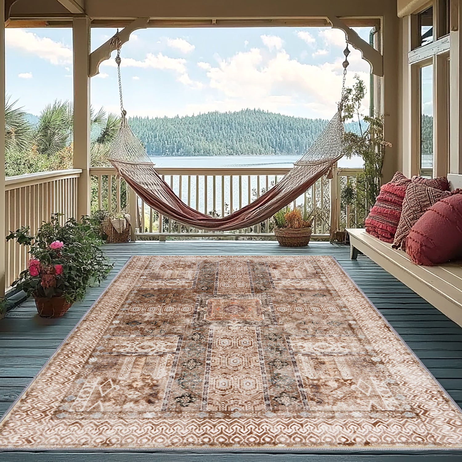 5x7ft Washable Vintage Area Rug, Thin Foldable Non-Slip Distressed Floral Carpet for Bedroom Living Room Bathroom