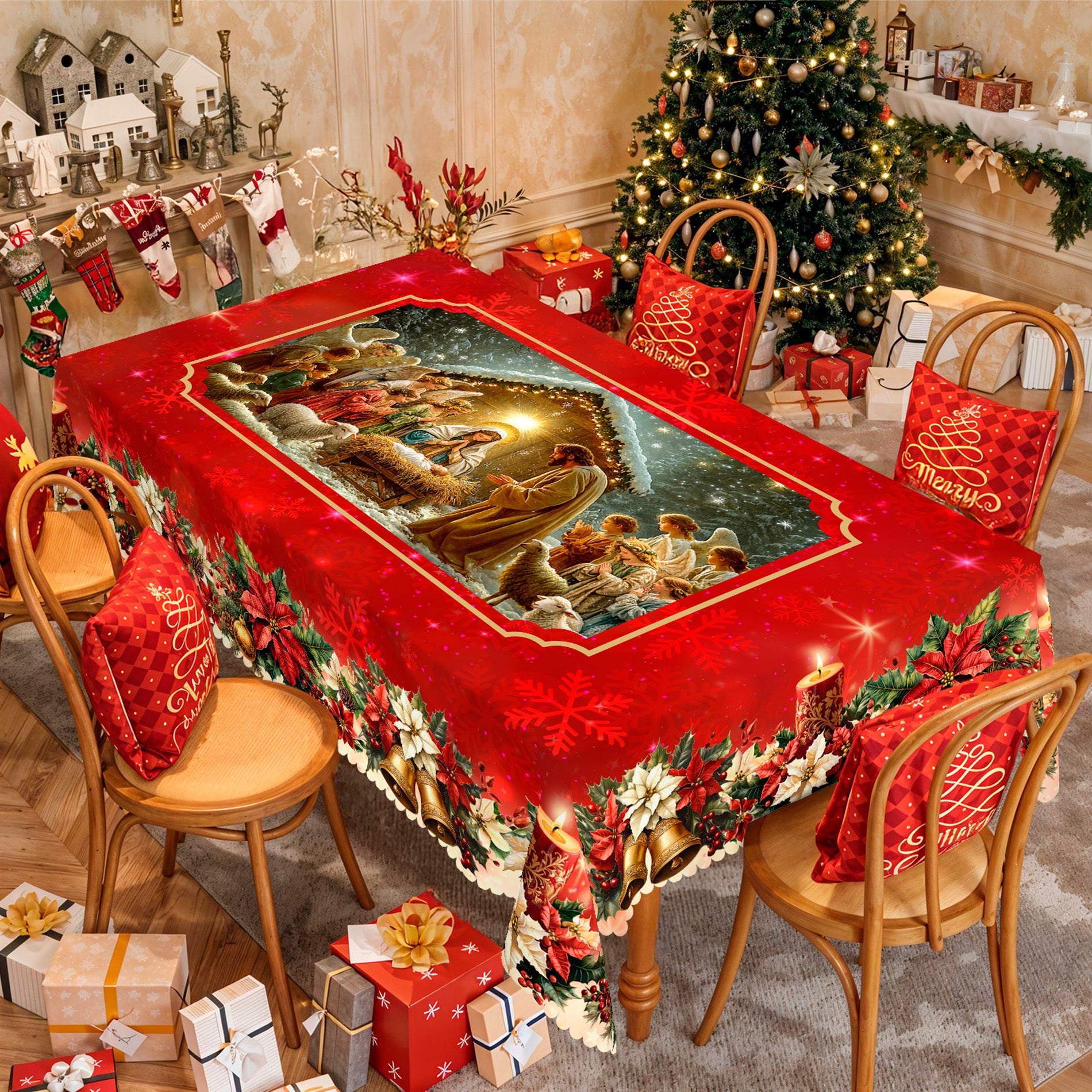 Christmas Tablecloth, Snowman Snowflake Stain-Resistant Dining Table Cover for Holiday Decor