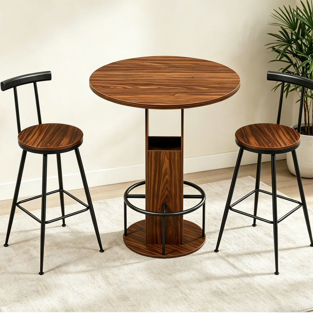 3-Piece Bar Table and Stool Set, Compact Round Wooden Bar Set with Metal Footrest
