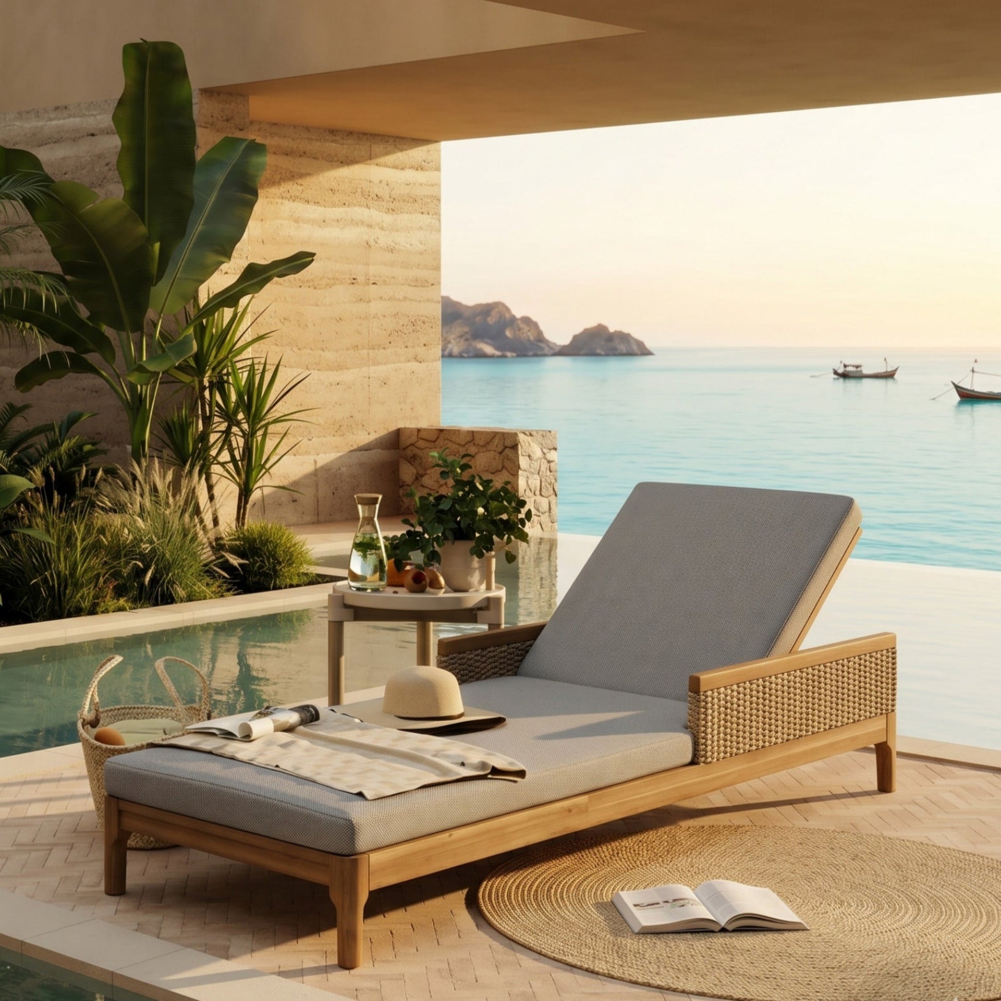 Acacia Wood Outdoor Sun Lounger with Cushions & Wicker Accents - Adjustable Patio Recliner