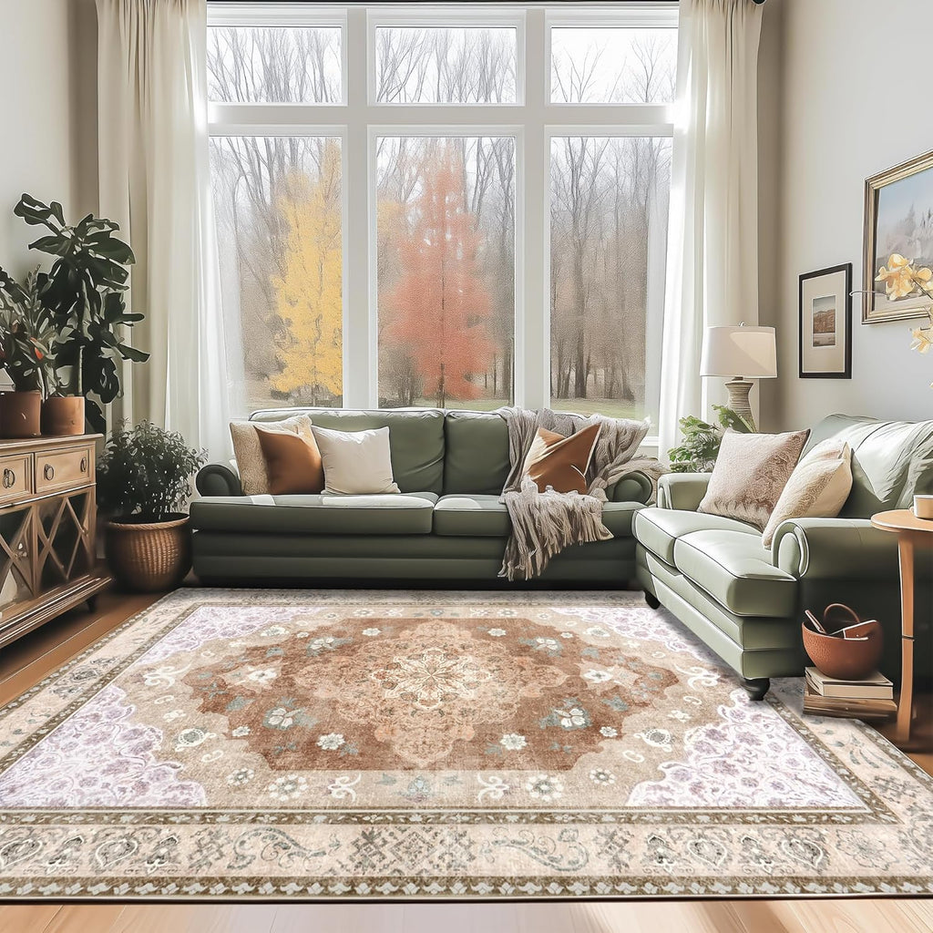 Washable Traditional Area Rug, Thin Foldable Distressed Floral Non-Slip Carpet for Bedroom Living Room Kitchen