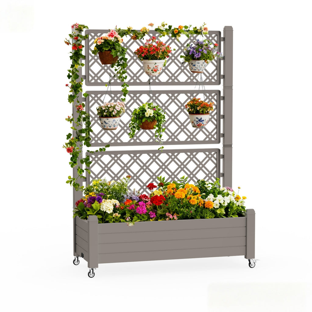 Planter Box with Trellis & Wheels, Large Raised Garden Bed, Outdoor Plastic Planter for Climbing Plants