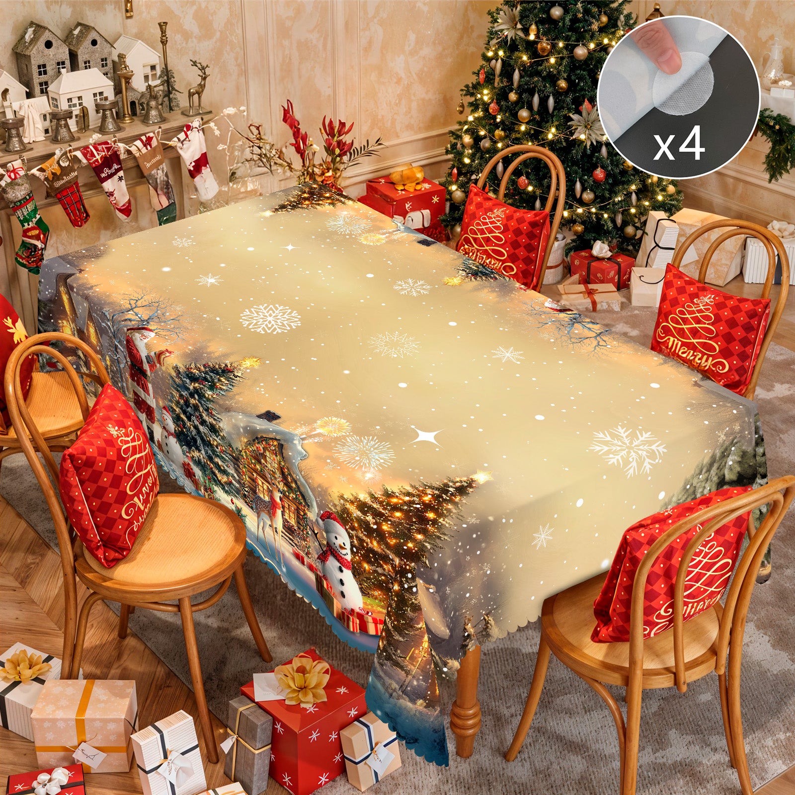Christmas Tablecloth with Santa, Reindeer and Snowman Designs, Dustproof Dining Table Cover for Festive Holiday Decor