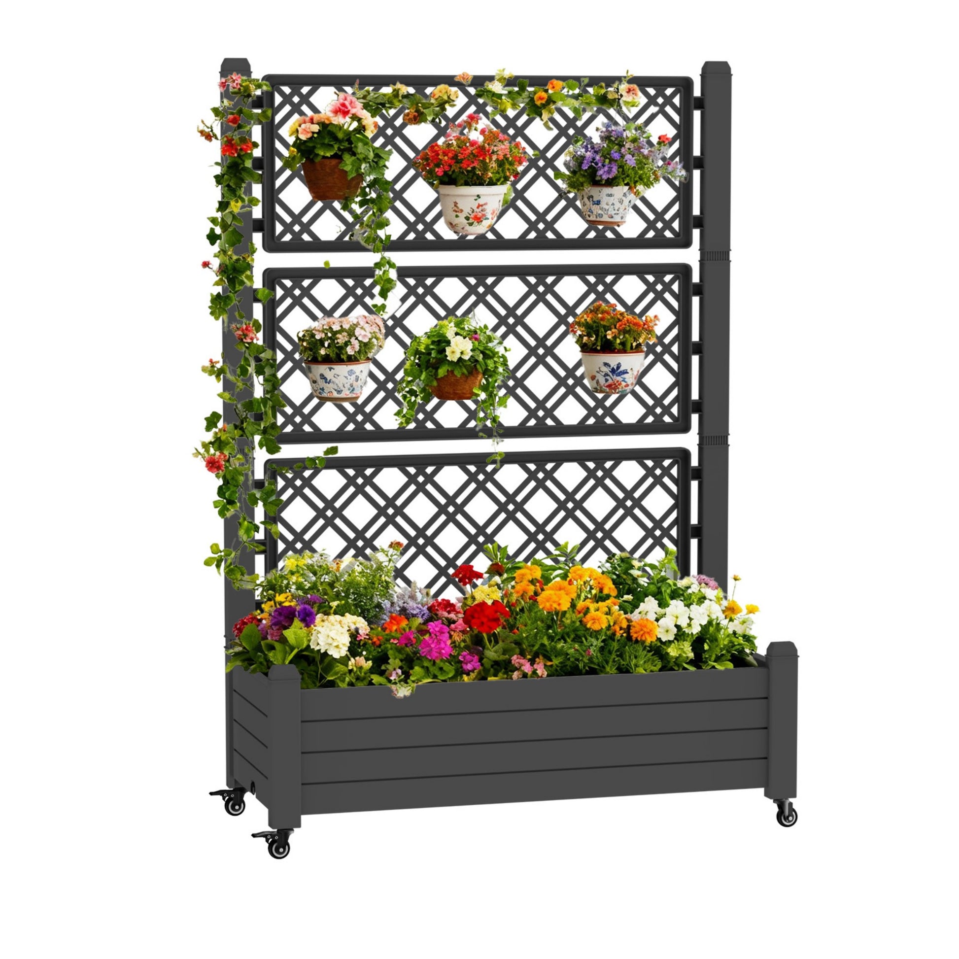 Planter Box with Trellis & Wheels, Large Raised Garden Bed, Outdoor Plastic Planter for Climbing Plants