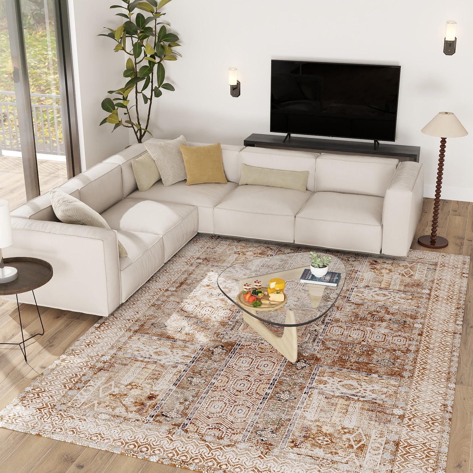 5x7ft Washable Vintage Area Rug, Thin Foldable Non-Slip Distressed Floral Carpet for Bedroom Living Room Bathroom