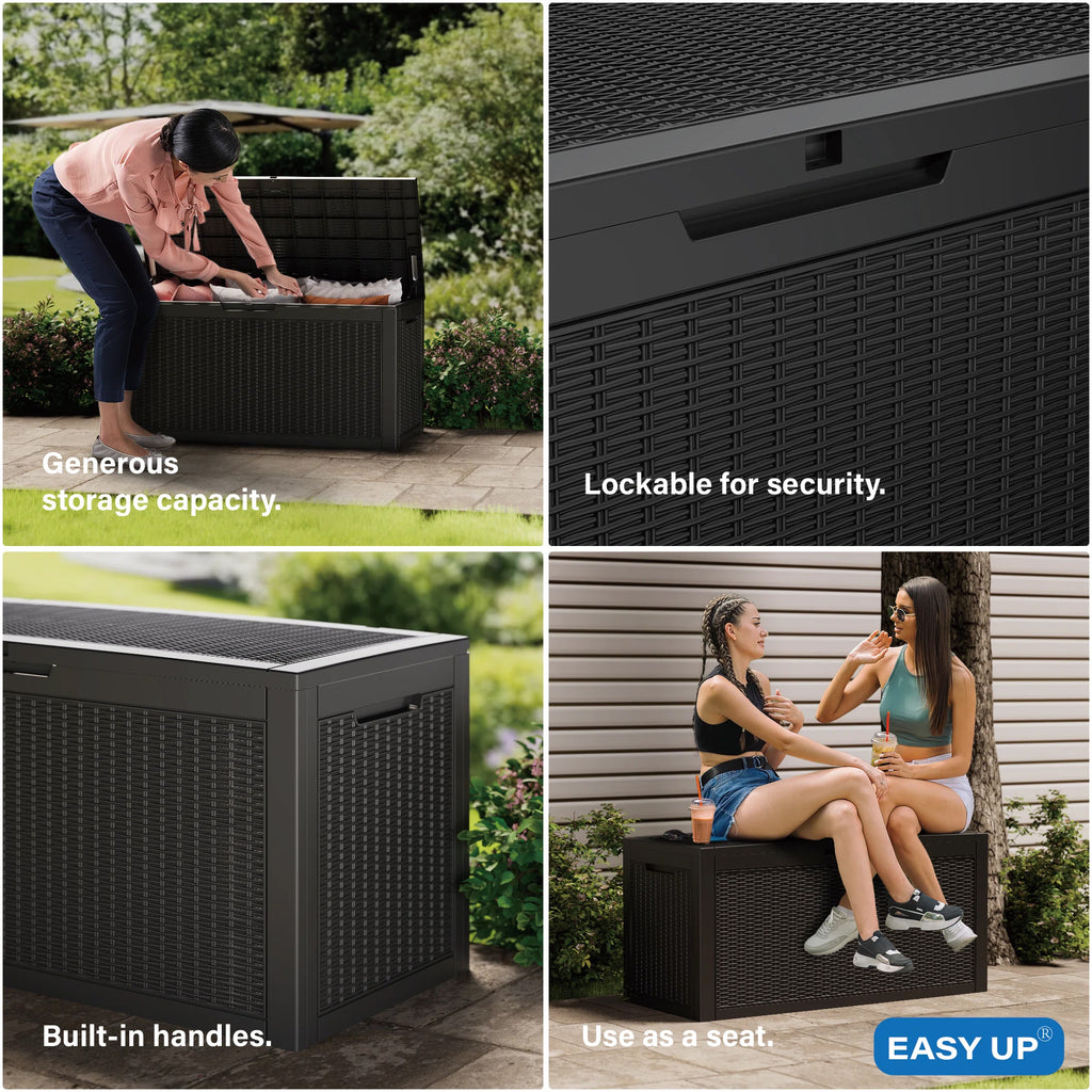 100 Gallon Outdoor Deck Box, Water-Resistant Resin Storage Box with Lockable Lid for Patio