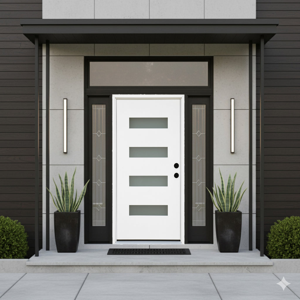 Chic Crate 36x80 Fiberglass Entry Door with Frosted Glass, Left Hand Inswing, Brickmould & Vinyl Frame