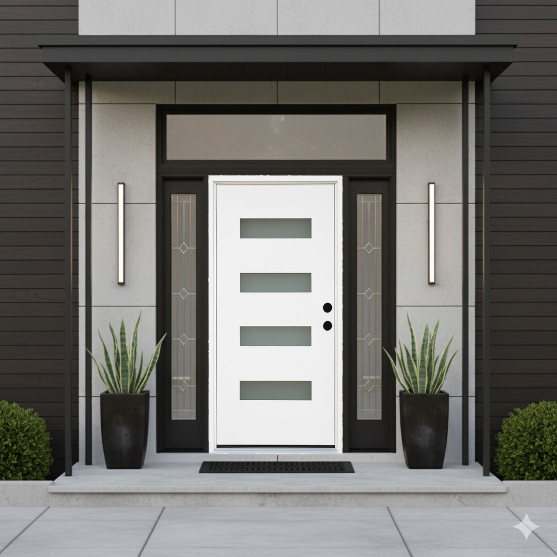 Chic Crate 36x80 Fiberglass Entry Door with Frosted Glass, Left Hand Inswing, Brickmould & Vinyl Frame