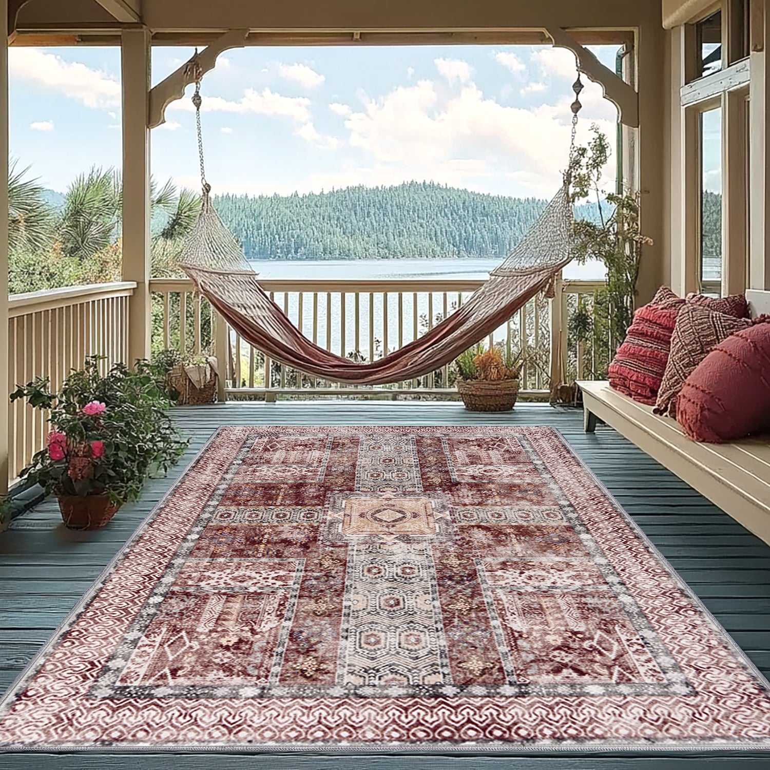 5x7ft Washable Vintage Area Rug, Thin Foldable Non-Slip Distressed Floral Carpet for Bedroom Living Room Bathroom