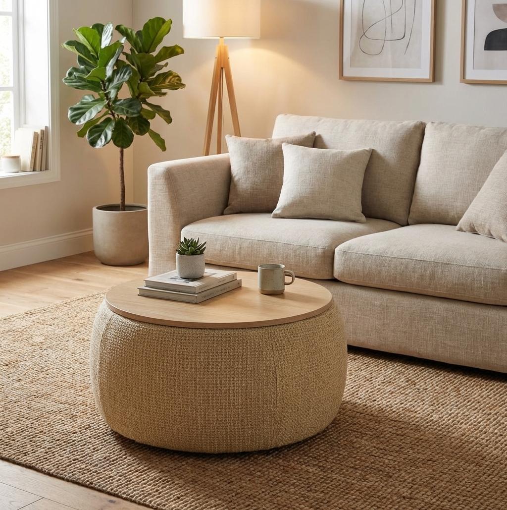 Round Storage Table, 2-in-1 Design Works as End Table & Ottoman, Natural Finish, 25.5"x25.5"x14.5", Modern End Table  for Living Room Office