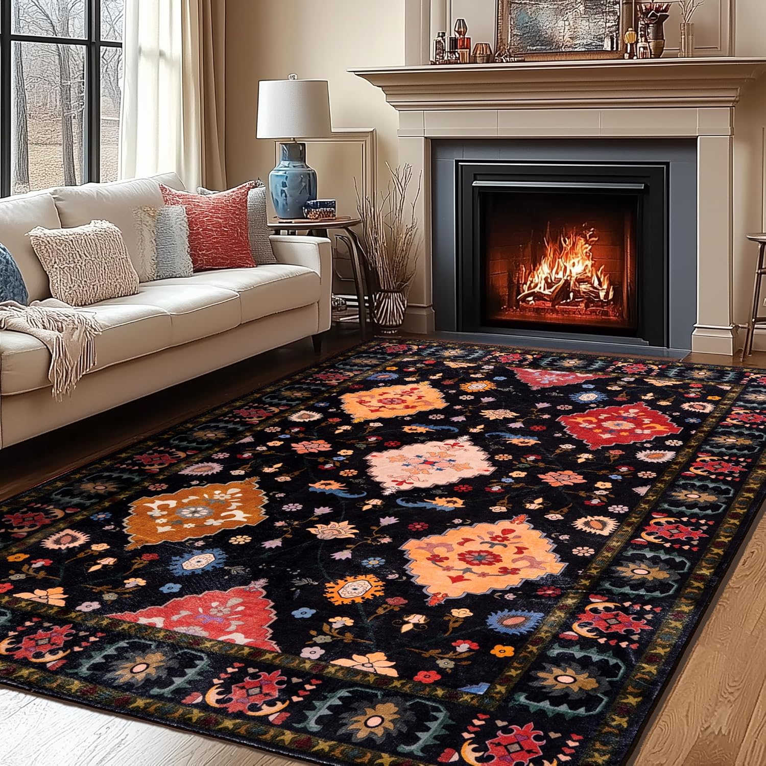 Washable Area Rug, Non-Slip Vintage Floral Carpet for Living Room Bedroom, Kitchen Dining Room Home Decor