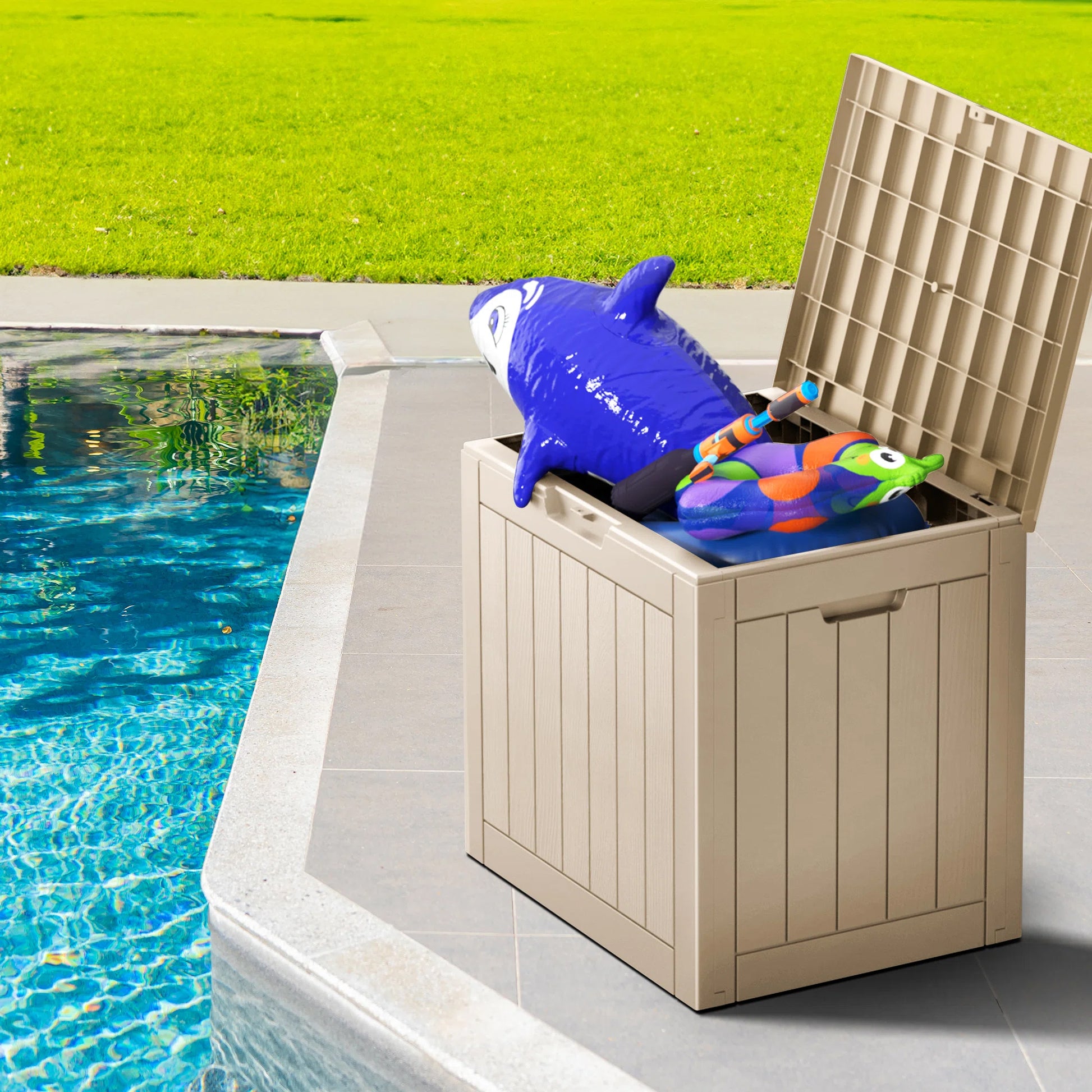 30 Gallon Deck Box, Water-Resistant Resin Outdoor Storage Box with Lockable Lid for Patio