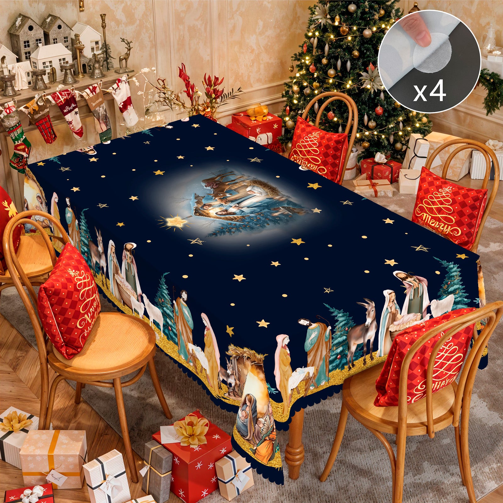 Christmas Tablecloth, Santa Claus and Christmas tree Stain-Resistant Table Cover for Dining Table Holiday Decor