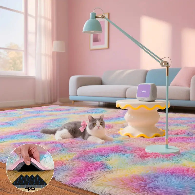 Rainbow Tie-Dye Fluffy Area Rug with Non-Slip Base & 4 Reusable Stickers, Plush Indoor Mat