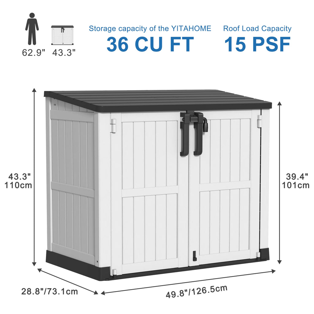 Chic Crate-Resin Tool Shed, 36 Cu Ft Waterproof Outdoor Horizontal Storage, Weather-resistant Utility Shed With Air Vent For Trash And Lockable Doors, Garden Tools （black And White）