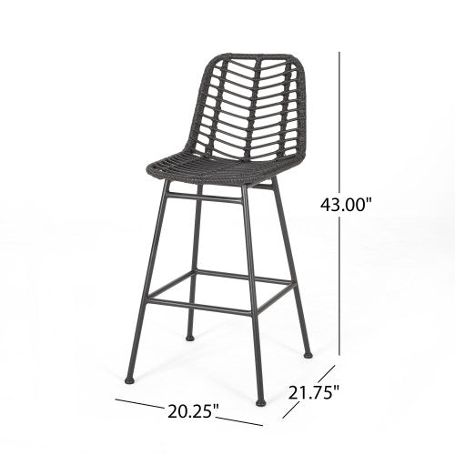 Sawtelle Outdoor Wicker Barstools Set of 2 – Rattan Patio Bar Stools with Black Metal Frame