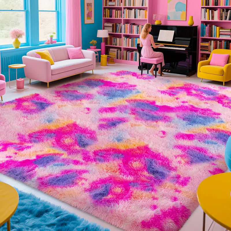 Rainbow Tie-Dyed Shag Rug, Ultra Soft 1.7" Thick, Non-Slip Backing, 100% Polyester, Multi Sizes & Shapes