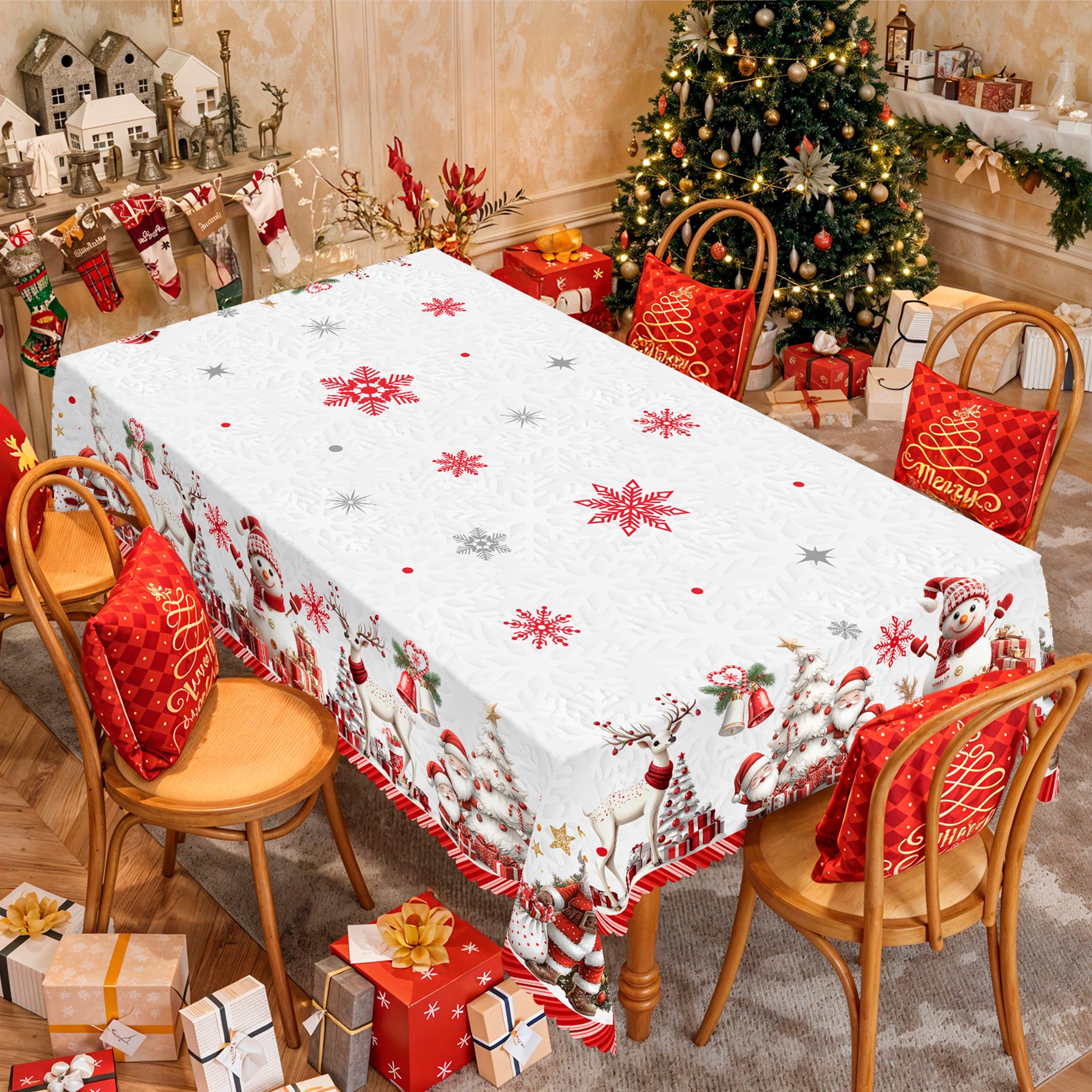 Christmas Tablecloth, Winter Snowman Christmas House Christmas Trees Tablecloth Washable Tablecloth for Party Picnic Dinner Decor